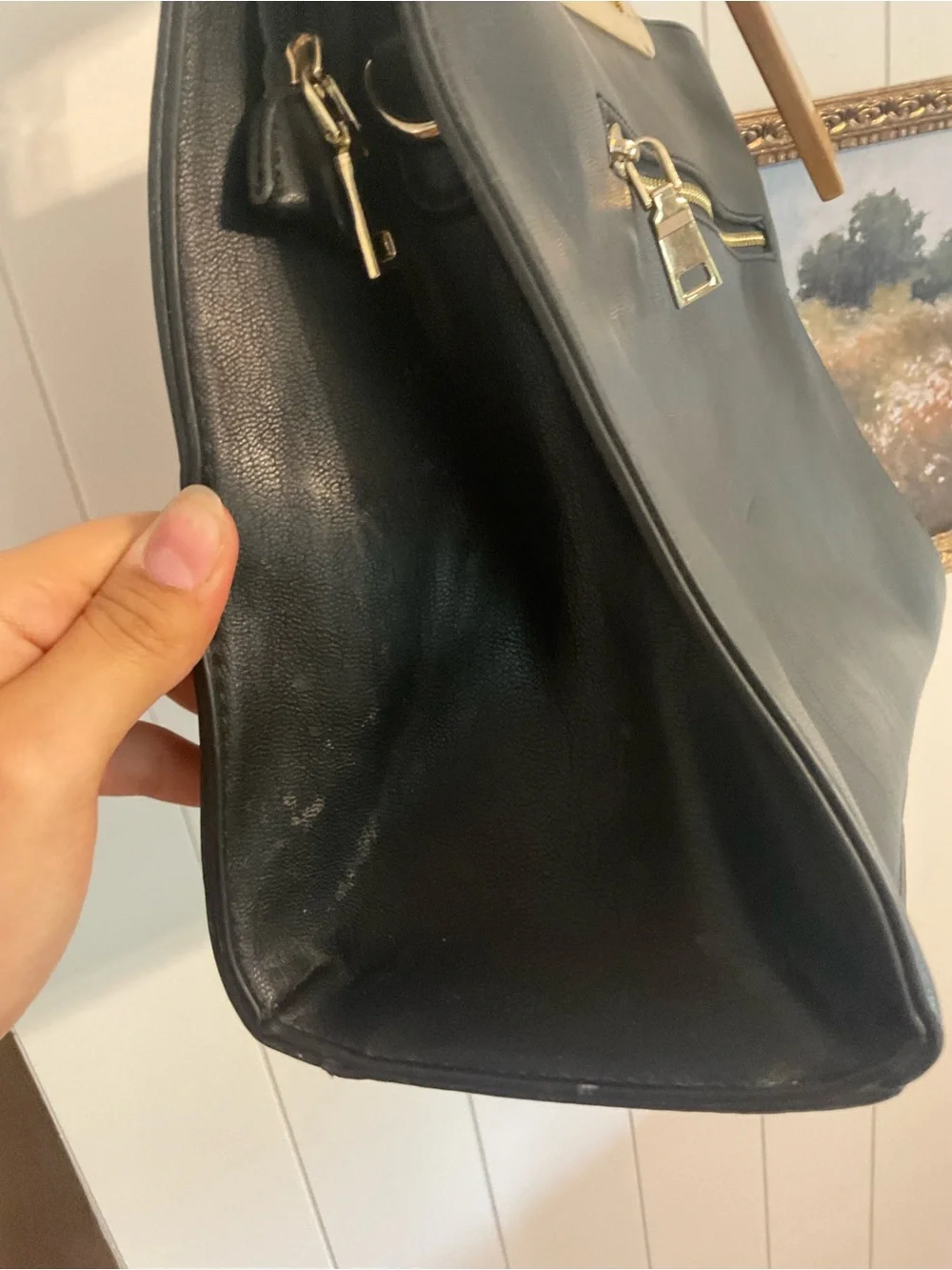 Black Leather Tote with Red Rose Embroidery